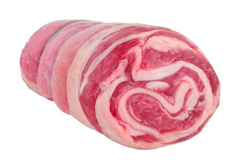 Raw rolled lamb breast meat isolated on a white background