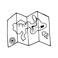 Outline map of treasure island. Hand drawn doodle illustration, black image on white background. Linear art. Vector illustration.