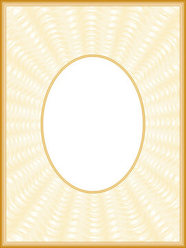 Beige passe-partout with oval frame. Border design with golden sun beams. Creative line art pattern. Vector abstract background. Template A4 for album page, certificate, diploma, invitation. EPS10