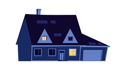 House at night, building with glowing windows in the dark, cartoon vector illustration