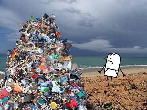 Cartoon man Standing by a Big pile of Garbage, on Beach photo