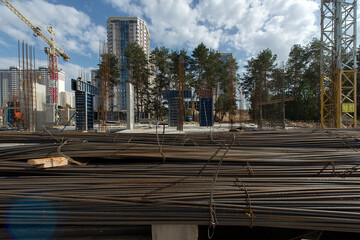 Rebar warehouse. Construction site. Production of apartments, social housing.