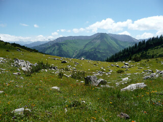 Fototapeta na wymiar Mountain hiking through Ammergau Alps, Tyrol, Austria