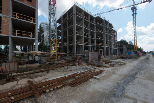 Rebar warehouse. Construction site. Production of apartments, social housing.