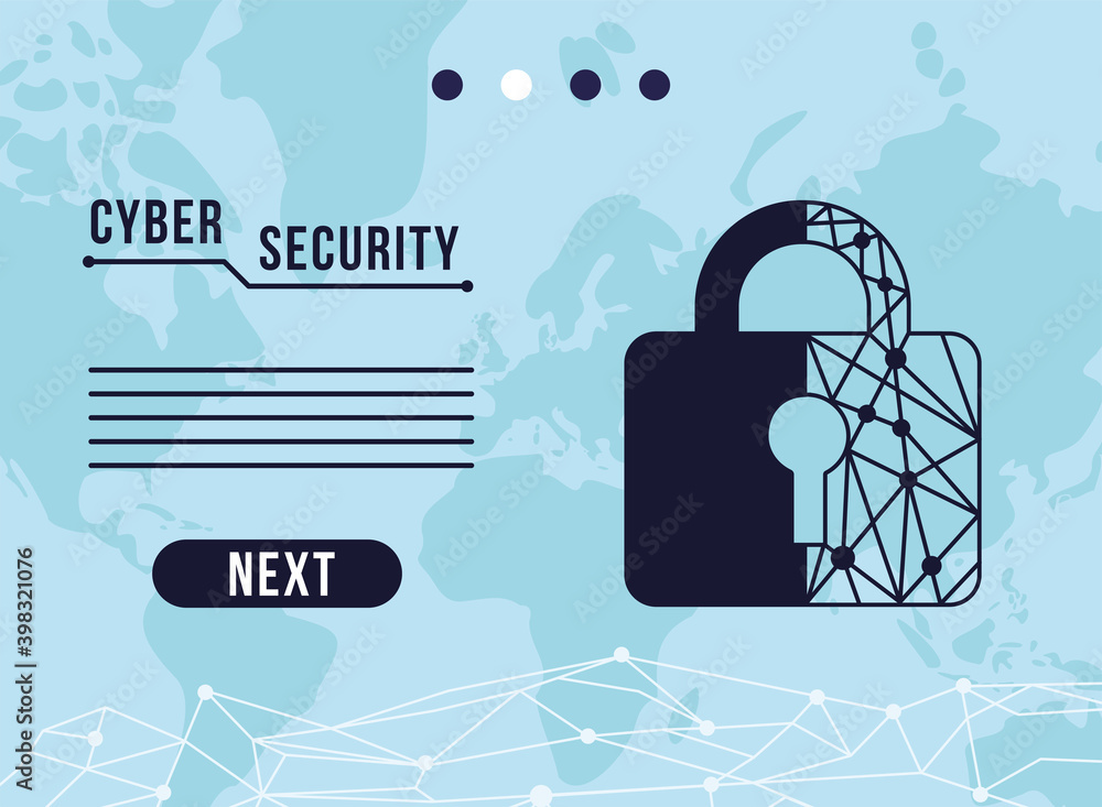 Poster cyber security infographic with circuit in padlock and earth maps