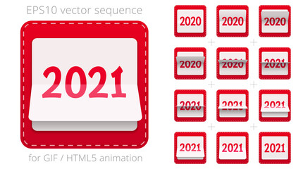 Animated flip calendar from 2020 to 2021. Vector date flipper for announcing New Year's events. Red 3D icon of counter. Sequence for GIF, HTML and flash animation. Sprite sheet. 12 frames per second.