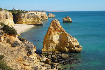 Marinha Beach (Praia da Marina) is a very popular beach with in the Algarve typical rock formations as natural bridges and arches

