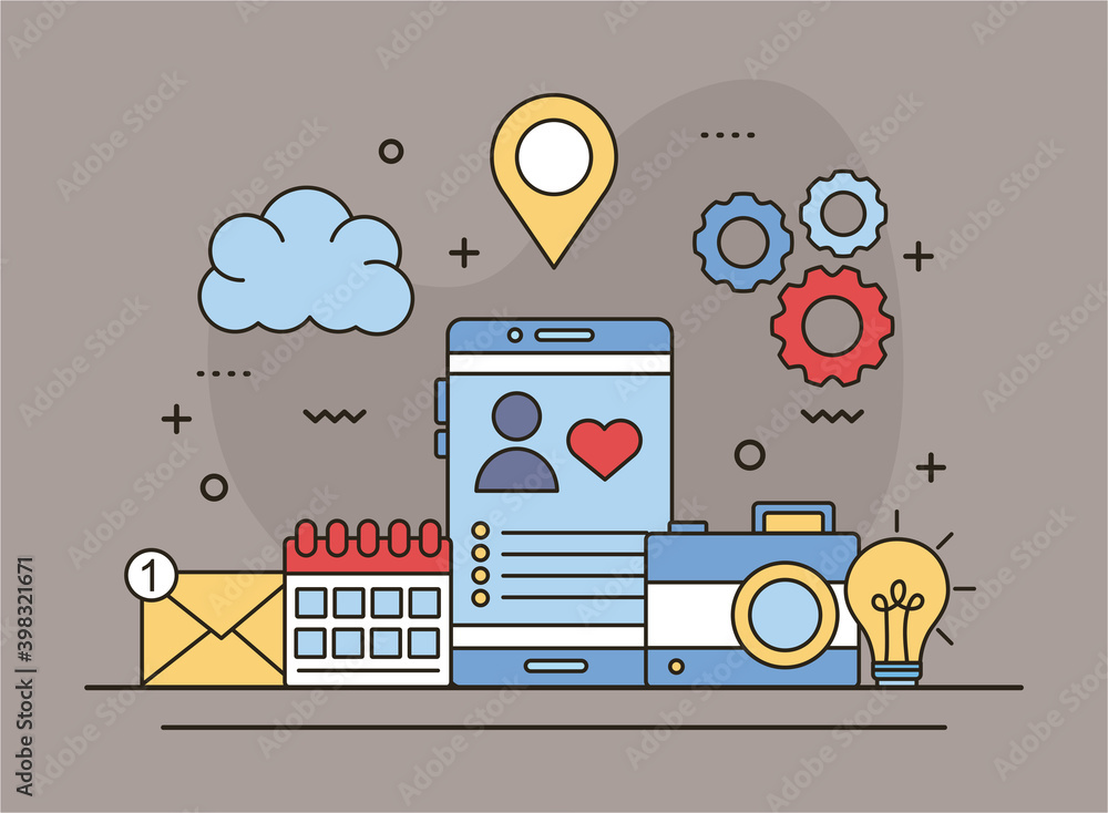 Poster profile avatar with heart in smartphone and set icons line and fill style icon