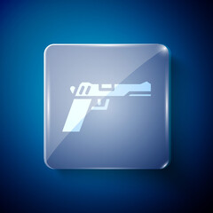 White Pistol or gun icon isolated on blue background. Police or military handgun. Small firearm. Square glass panels. Vector Illustration.