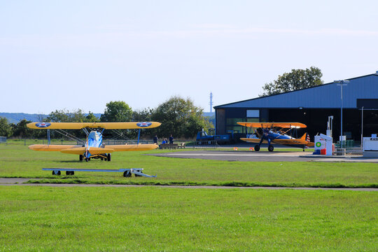 Biplane stearman pt 17 which takes off from an aerodrome. Used for aerial acrobatics because very manageable and lightweight. Cerny, France. October 13. 2019.