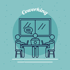 three workers with laptops and speech bubble coworking line style