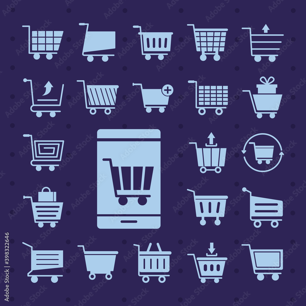 Poster bundle of twenty two shopping carts line style icons