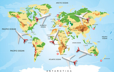 Fototapeta premium Flight routs map with airplanes on it, illustration