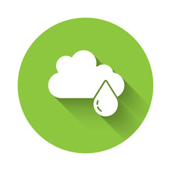 White Cloud with rain icon isolated with long shadow. Rain cloud precipitation with rain drops. Green circle button. Vector.