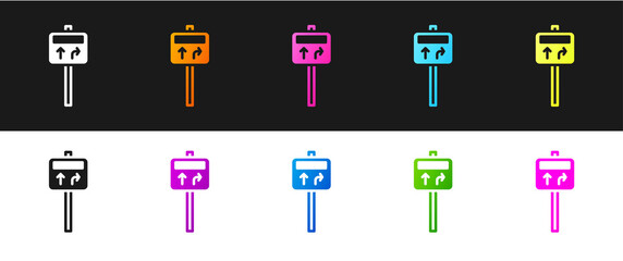 Set Road traffic sign. Signpost icon isolated on black and white background. Pointer symbol. Street information sign. Direction sign. Vector.