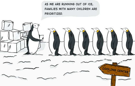 Hand Drown Cartoon Comic Of Penguins. Ice Distribution Center. Global Warming Comic.