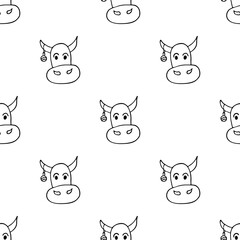 Seamless pattern with hand drawn new year bull. Doodle style vector illustration isolated on white background. For wallpaper, packaging, posters, cards or other design.