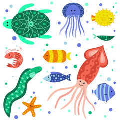 Fototapeta premium Set with cute smiling sea animals - sea turtle, shrimp, jellyfish, squid, starfish, moray eels and various fish. Marine and ocean fauna isolated on white background. Flat cartoon vector illustration.