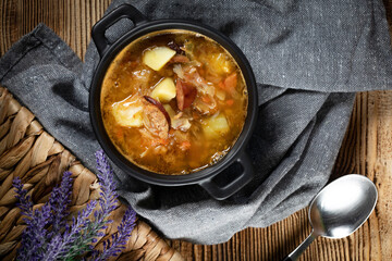 Traditional russian sour cabbage soup