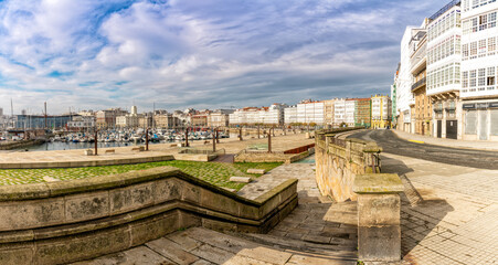 yacht harbor  and promenade in the historic city center of La Coruna