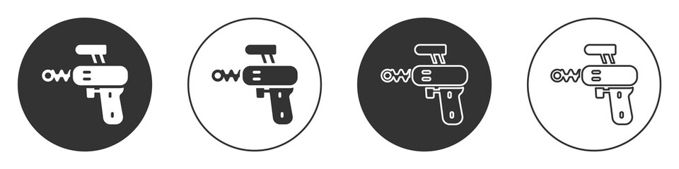 Black Ray gun icon isolated on white background. Laser weapon. Space blaster. Circle button. Vector.