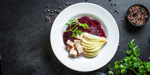 salad beets, pear and cheese natural organic snack ready to eat on the table healthy meal snack ingredient top view copy space for text food background rustic keto or paleo diet