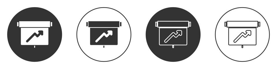 Black Board with graph chart icon isolated on white background. Report text file icon. Accounting sign. Audit, analysis, planning. Circle button. Vector.