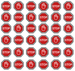  octagonal stop sign on red background seamless pattern. Stop sign. Hand sign to stop. white background