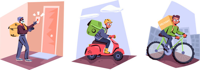 Delivery man in medical mask delivers food.