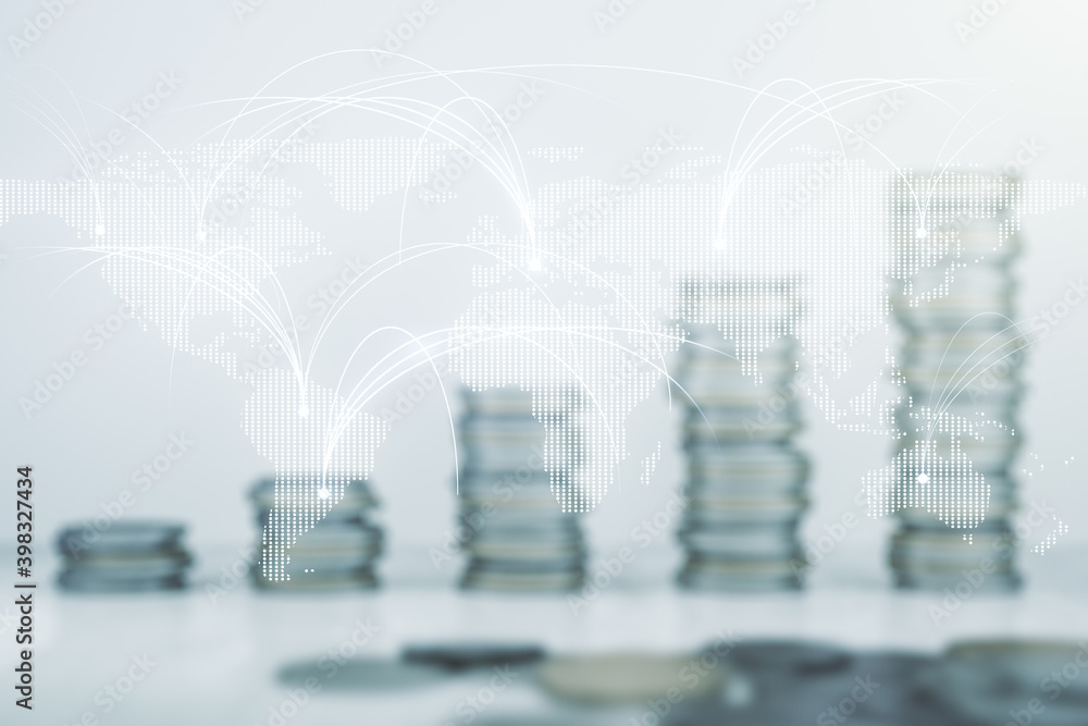 Poster double exposure of abstract digital world map hologram with connections on growing stacks of coins b