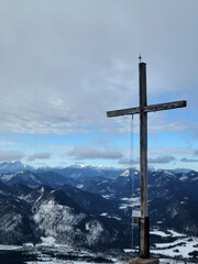 Summit cross of Schönberg mountain in Bavaria, Germany