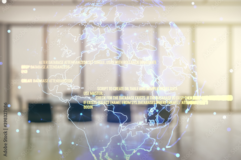 Poster double exposure of abstract creative programming illustration and world map on a modern boardroom ba