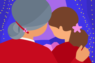 Grandmother and granddaughter looking at book, sharing a special moment. The art of reading aloud to children. Festive and cozy mood. Over-the-shoulder Christmas-themed flat vector illustration.