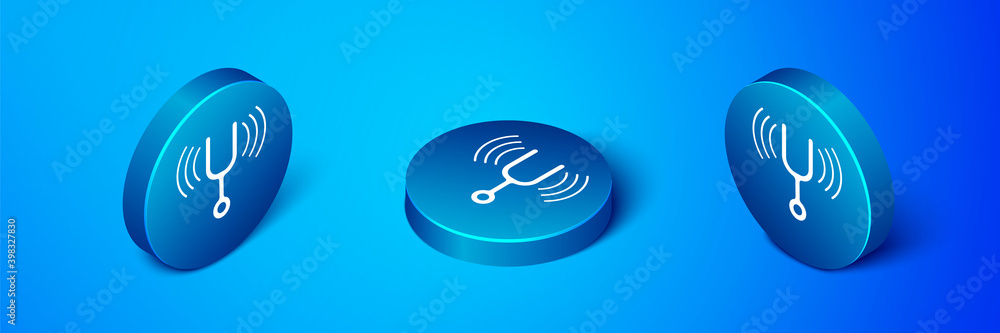 Poster isometric musical tuning fork for tuning musical instruments icon isolated on blue background. blue 