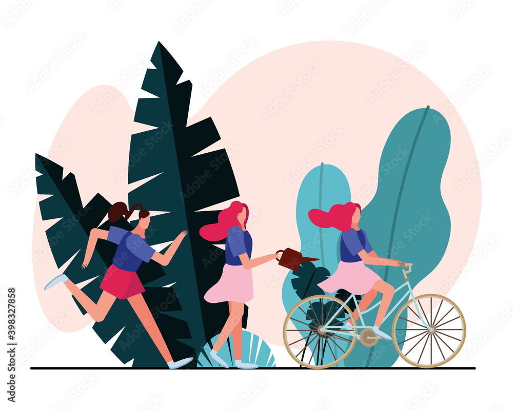 Wall mural young women running and bike ride