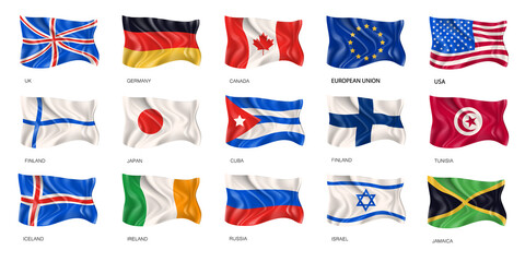 Realistic waving national flags. Flags with inscription countries names realistic. Official symbol of countries. National flags of the countries of the world. Vector illustration