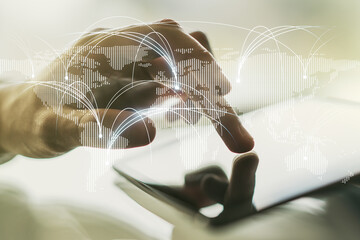 Double exposure of abstract digital world map with connections and finger clicks on a digital...