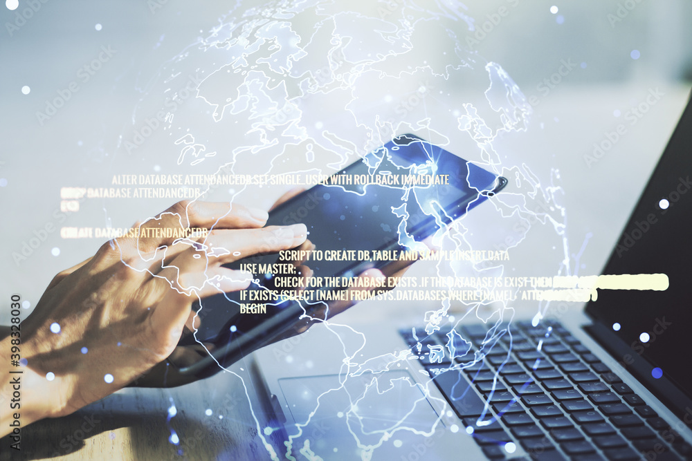 Poster double exposure of abstract creative programming illustration with world map and finger clicks on a 