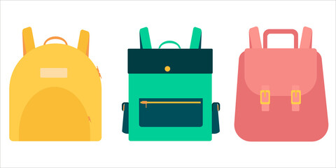 Set of backpacks isolated on a white background. Vector illustration in flat style