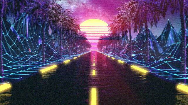 80s retro futuristic sci-fi background. VJ videogame landscape with neon lights