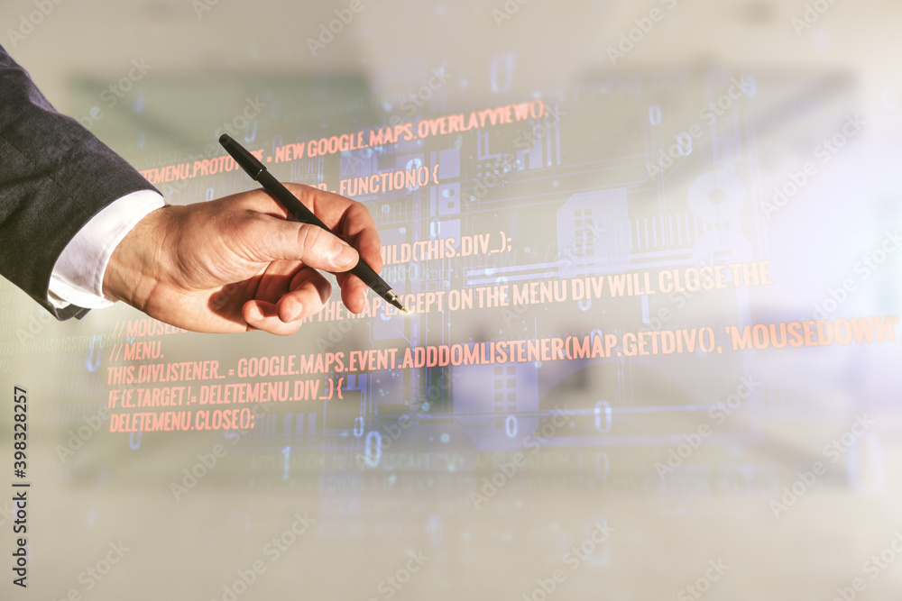Aufkleber male hand with pen working with abstract virtual coding concept on blurred office background. multie