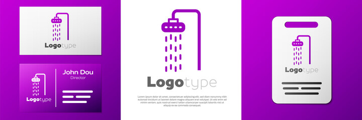 Logotype Shower head with water drops flowing icon isolated on white background. Logo design template element. Vector.