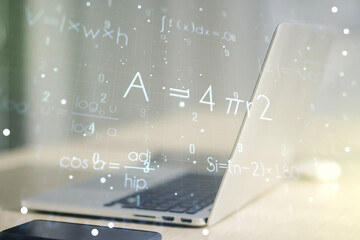 Creative scientific formula hologram on modern laptop background, research concept. Multiexposure