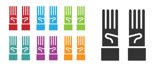Obraz premium Black Medical rubber gloves icon isolated on white background. Protective rubber gloves. Set icons colorful. Vector.