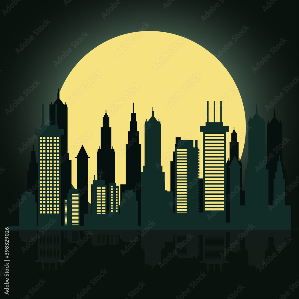 Sticker cityscape skyline at night scene with fullmoon