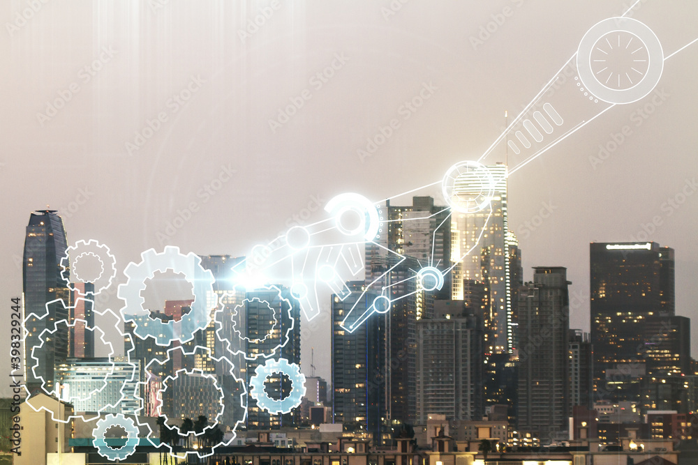 Aufkleber abstract virtual robotics technology sketch on los angeles office buildings background, future techn