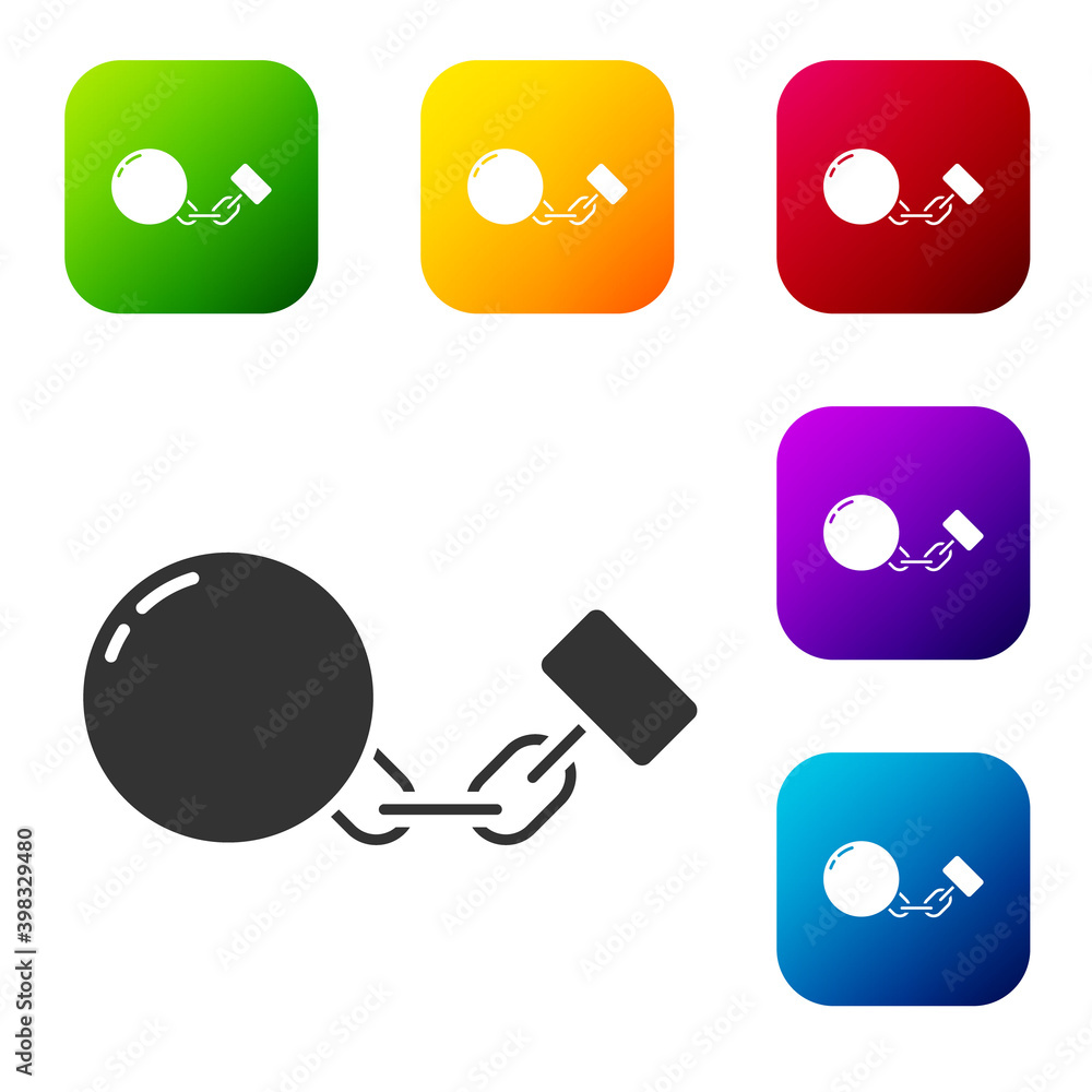Poster black ball on chain icon isolated on white background. set icons in color square buttons. vector.