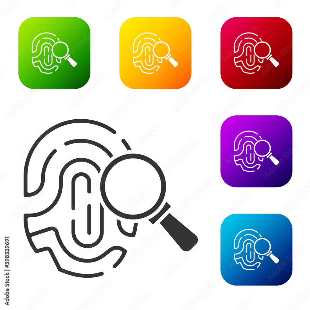 Aufkleber black magnifying glass with fingerprint icon isolated on white background. identification sign. set 