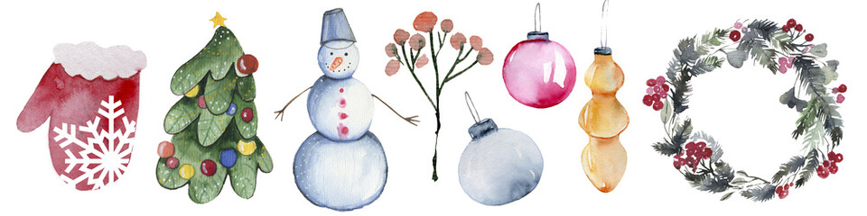 Christmas set. Collection of xmas elements for greeting card design in pink, black and golden colors. illustration.