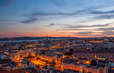 Lisbon night panoramic view, Portugal architecture cityscape
